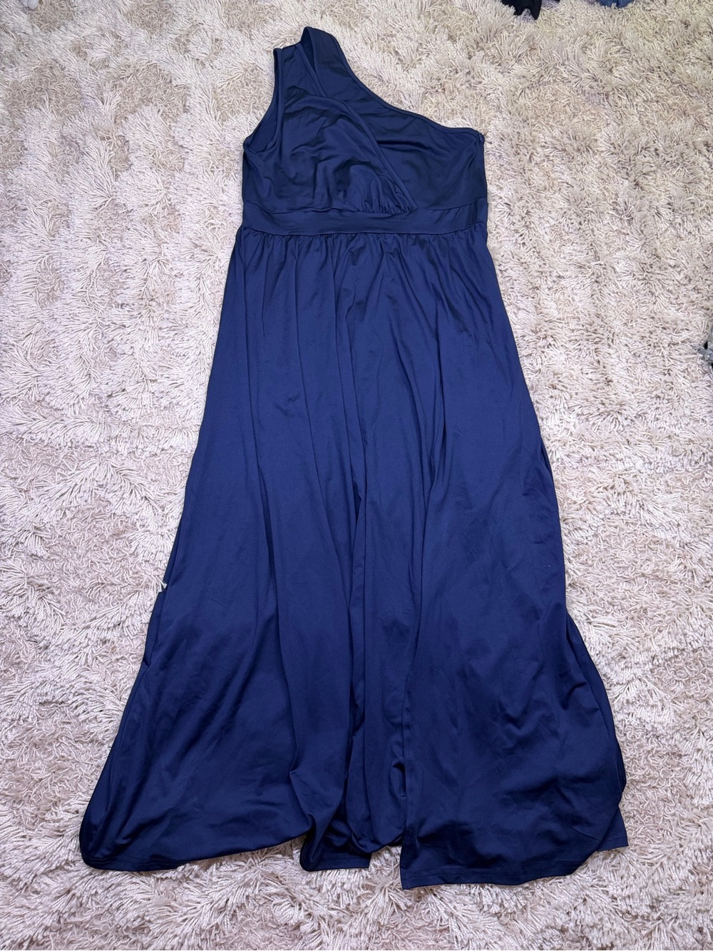 Women’s XL Navy Blue One Shoulder Maxi Dress Side Slit Formal Stretch